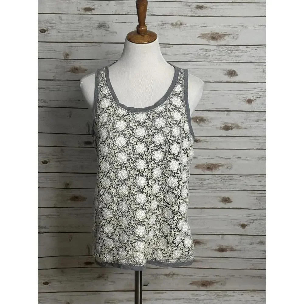 J.Crew coquette cottagecore gray w/white floral lace overlay tank top Size Large